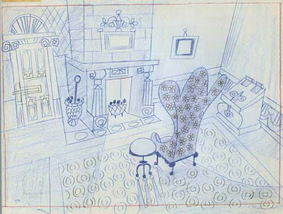 Pencil rendering of Scrooge's chair in his sitting room