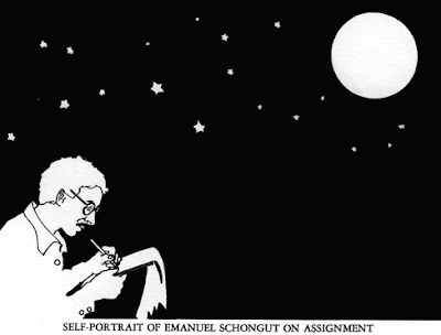 Black and white ink drawing of a man drawing while observing the stars and moon