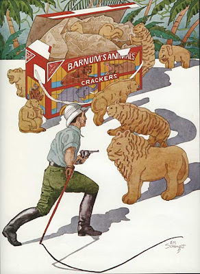 Watercolor of a lion tamer taming full-size animal crackers