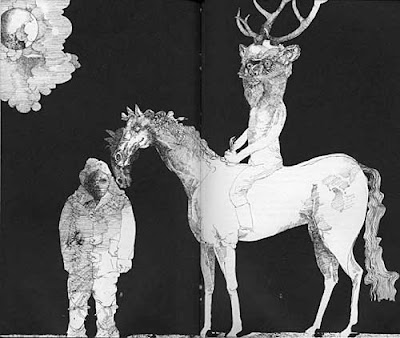 Black and white pen and ink spread with man sitting on a horse. The man's head looks like that of an antlered animal