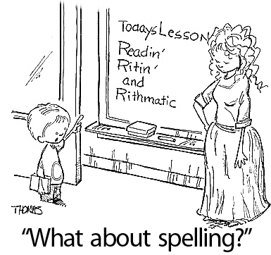 Cartoon showing student correcting teacher's spelling on the chalkboard