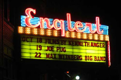 Engleart theater marquee lit at night
