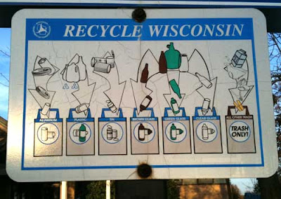 Metal sign that says RECYCLE WISCONSIN with line drawings of different types of trash and recycling receptacles