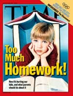 Time magazine cover of blond boy with books and headline Too Much Homework?