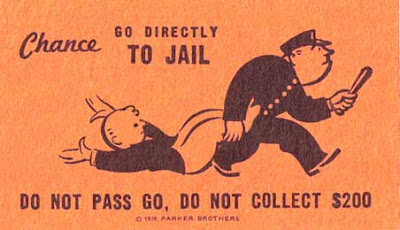Altered Go to Jail cad from Monopoly, with a kid being dragged by a cop instead of Mr. Moneybags