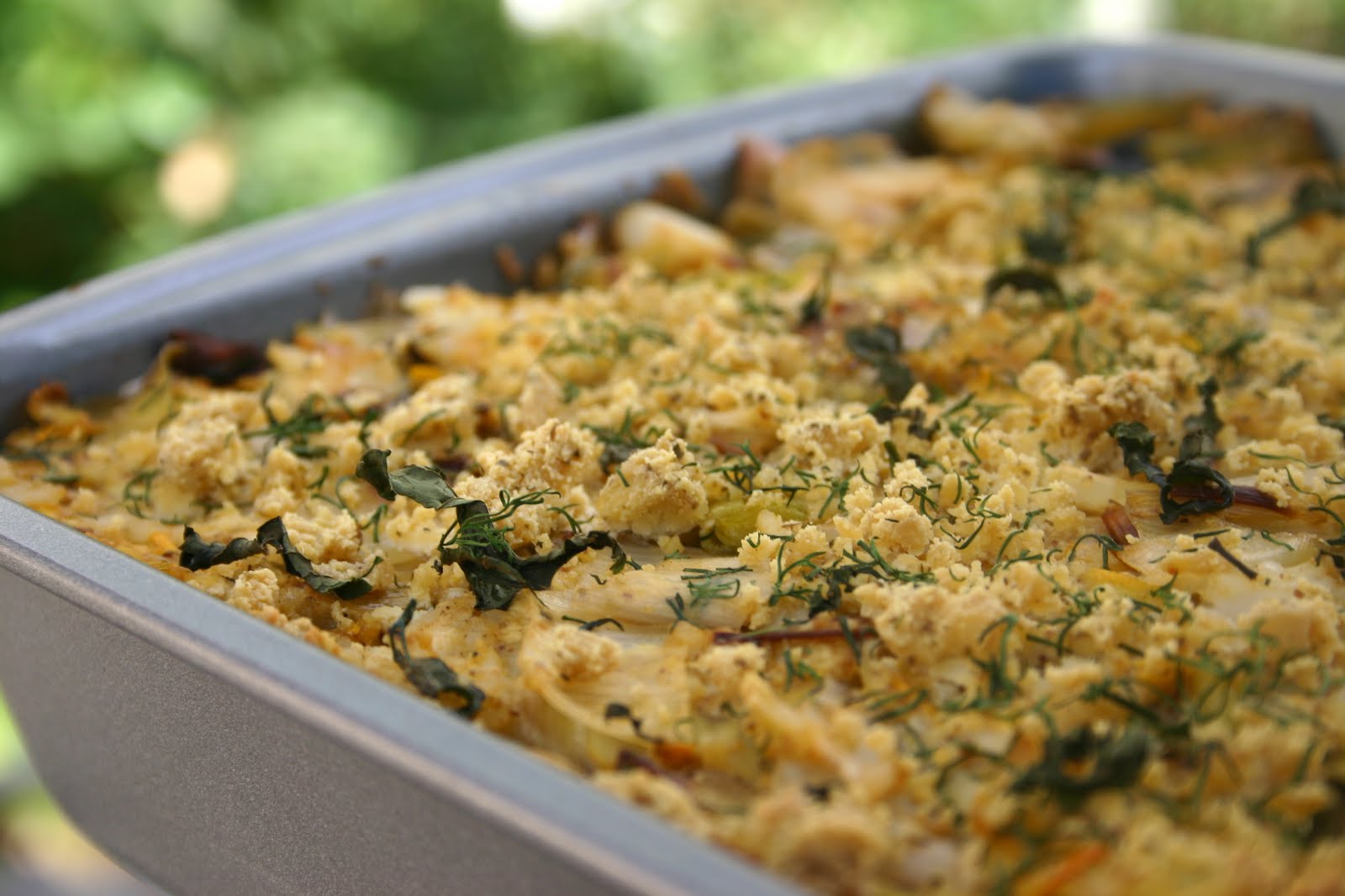 Baked Yellow Zucchini, Leek and Vegan Feta Omelette with Fresh Herbs