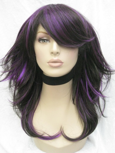 black hair with purple highlights. lack hair with blue