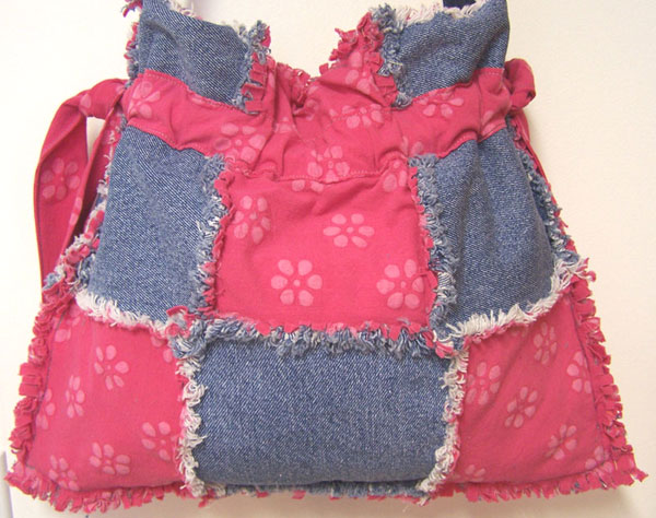Drawstring Denim Ragged Tote Bag Purse Pink Daisy Flowers