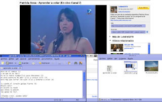 Ventana del navegador reproduciendo el video de Patricia Sosa, Aprender a volar. Archivo de texto donde voy copiando la letra. Carpeta donde voy guardando imagenes que representan la letra de Aprender a volar