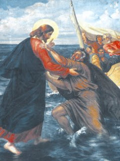 Jesus Christ helping peter in the sea water and twelve apostles seeing from the boat Christian religious story photo free download