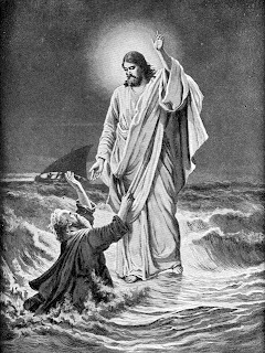 Jesus Christ walking on sea water and peter asking help black and white drawing art pic