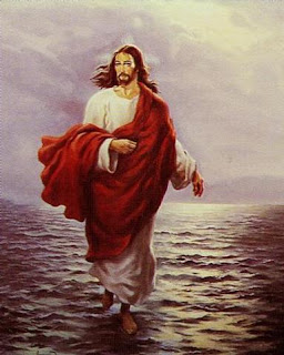 Jesus Christ walking on water in red and white dress with sunrise background drawing art image