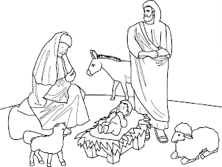 Jesus Christ born in Manger and happy mother Mary with Sheep and donkey hd(hq) religious Christian coloring page