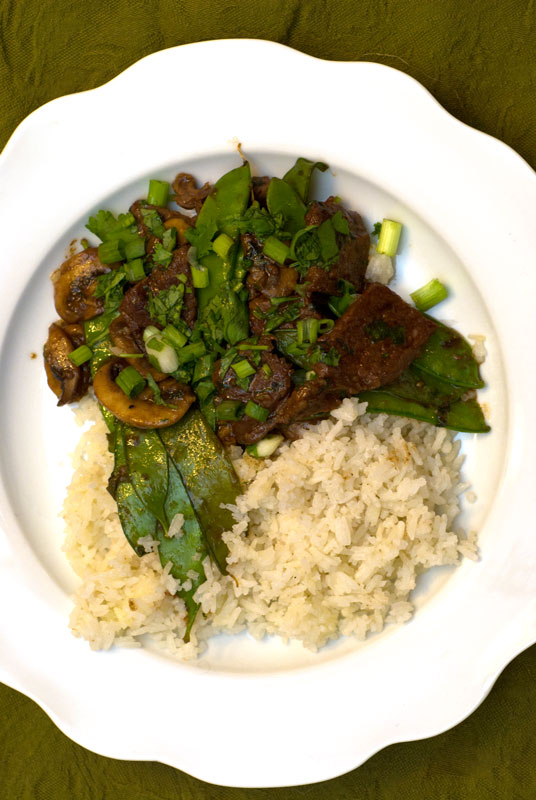 Beef, Shiitake & Snow Pea StirFry with Coconut Rice