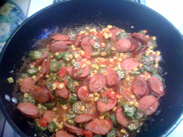 Nikki LaBay Food Diaries Okra, Corn and Tomato with Polish Kielbasa