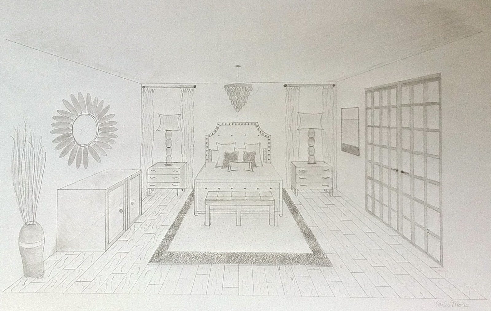 One Point Perspective Bedroom Drawing