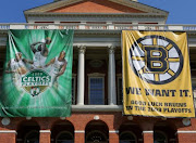 MASS. STATE HOUSE - its facade and Corinthian columns are covered by sports banners (mid-May 2009).