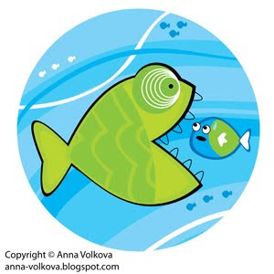 Большая рыба, символизирующая Shutterstock съедает маленькую, символизирующую Bigstockphoto