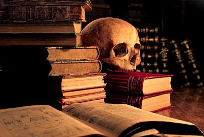 Old books with skull