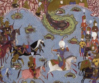 نقاشی مکتب صفوی نقاشی سبک مکتب صفوی safavid style painting نقاشی مکتب صفوی صحنه رزم بزم شکار مینیاتور نگارگری نقاشی صفوی و یا تیموری رود چشمه جوی کوه دشت