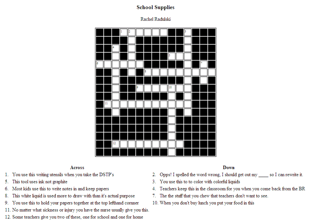 Rachel's Articles Article 3 School Supplies Crossword