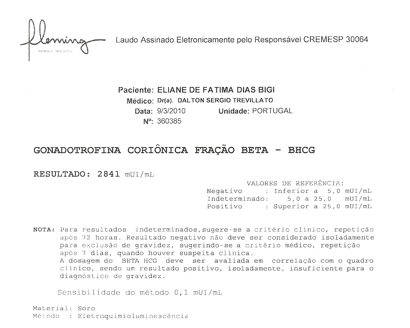 Resultado de exame de sangue para gravidez