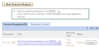 Google Webmaster Tools URL removal request submitted