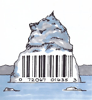 Ink and marker drawing of an iceberg with a UPC code on it