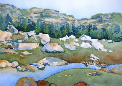 Watercolor painting of a stream near the base of mountains