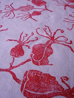 red, block printed fabric, succulent flower, handmade