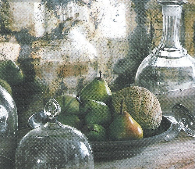 Rustic wood counter and old mirror backsplash, pears and melons still life, image via Côté Ouest Fev-Mar 2003, edit - http://www.linenandlavender.net/2009/07/linen-and-lavender.html