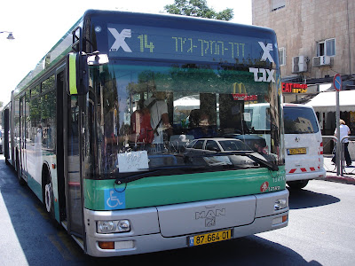 Jerusalem bus with sign that reads “To the beach”