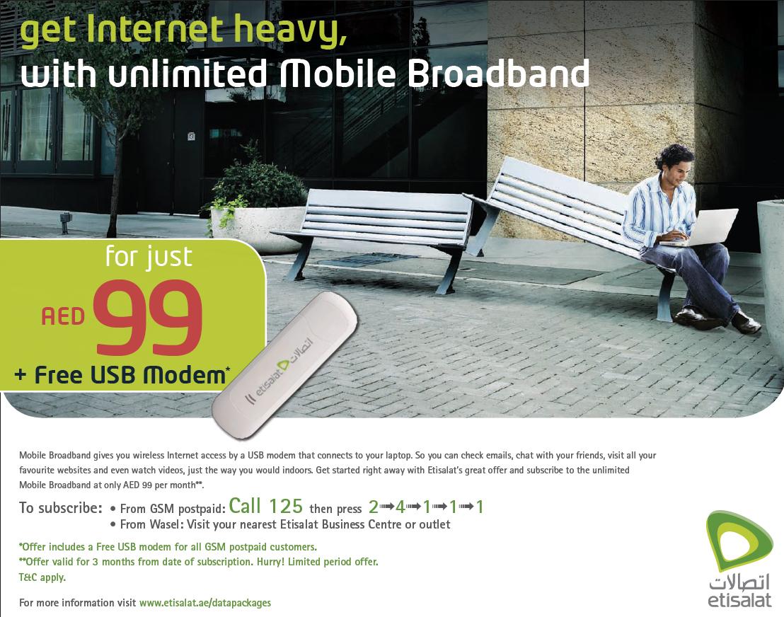 EtisalatUAE Unlimited mobile broadband offer AED99 per month