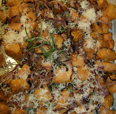 Roasted Sweet Potatoes and Onions With Rosemary And Parmesan