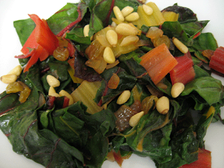 sauteed swiss chard with raisins and pine nuts, adapted from We Heart Food