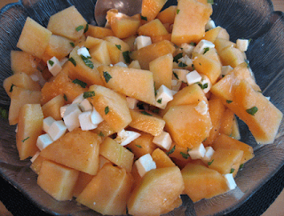 cantaloupe, mozzarella, and mint salad, adapted from Wheat Free Meat Free