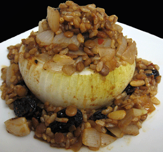 Vidalia onions stuffed with rice and lentil pilaf, adapted from FatFree Vegan Kitchen