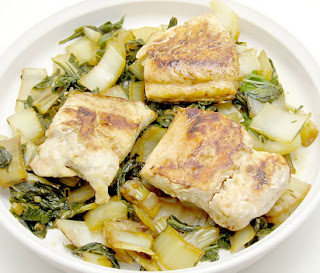 braised bok choy with seared salmon