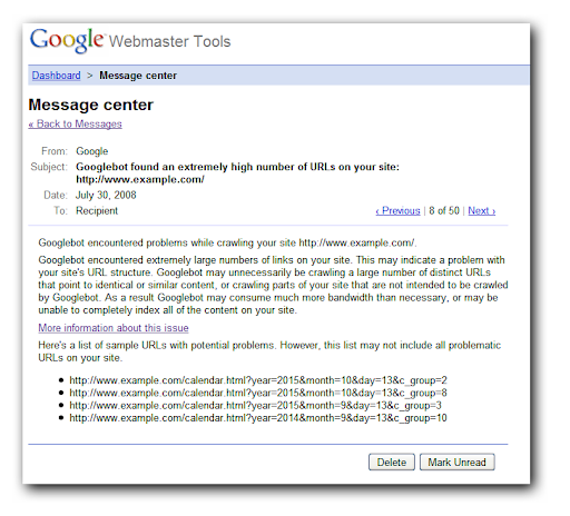 webmaster tools message informing the owner of a site about an infinite space