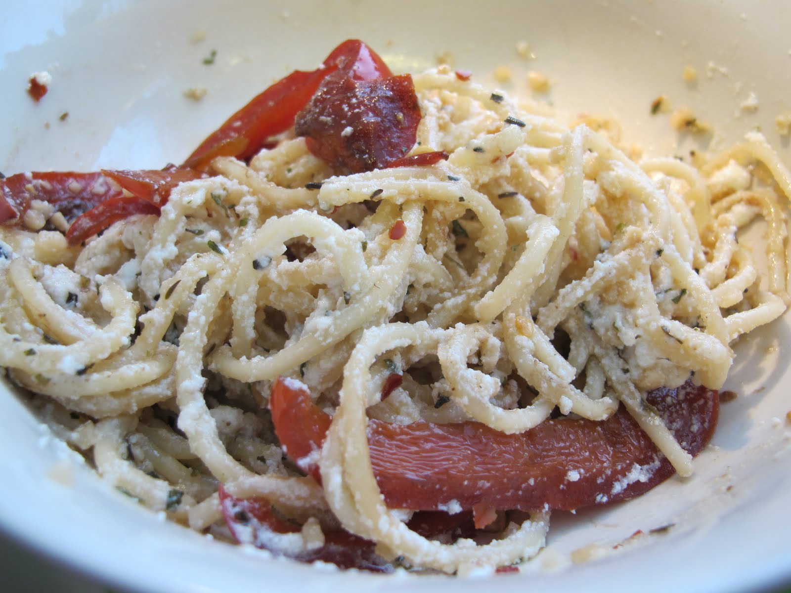 Classy Eats Pasta with ricotta, roasted red peppers.