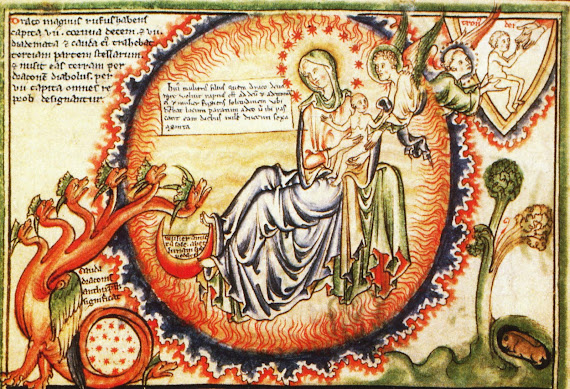 Rev.12:1-5; Gothic manuscript, 1250-85 AD, Angel passes Christ child into Hands of God