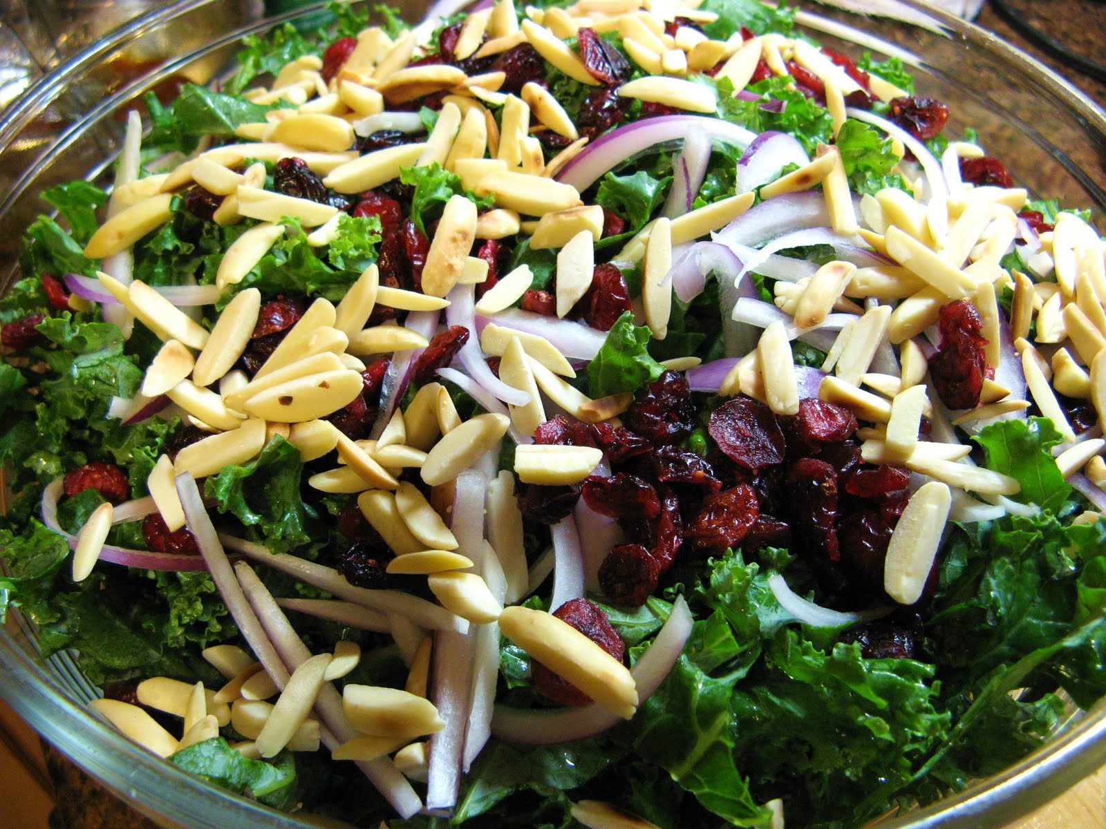 The WellFed Newlyweds Raw Kale Salad with Almonds and Cranberries
