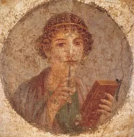 Affresco di Pompei ritraente una donna con penna e rotolo. Per molto tempo era stato considerato un ritratto della poetessa Saffo. 