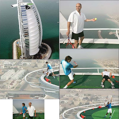 Roger Federer and Andre Agassi play tennis on Burj Al Arab Hotel helipad