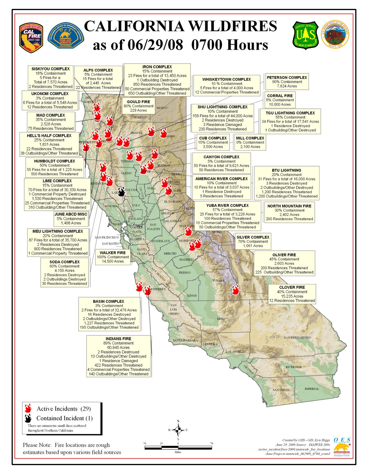 california fires map from cal fire & oes june 29