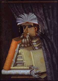 Curious surreal image of librarian, made from books