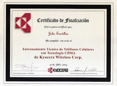 Certificado de Entrenamiento Técnico de Celulares con Tecnología CMDA de  Kyocera Wireless Corp,