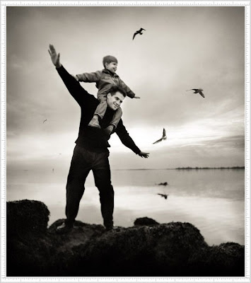Cute Kid and Daddy On The Fly with Birds