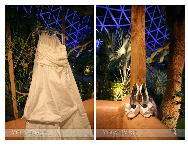 Wedding dress and shoes inside Milwaukee Domes