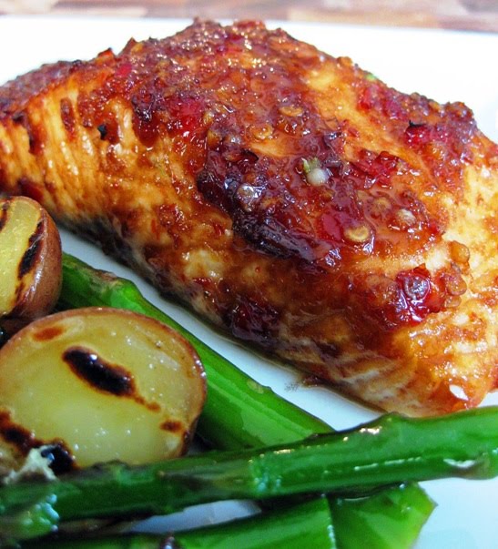 Dragon's Kitchen: Sweet Chili Salmon With Grilled Potatoes & Asparagus